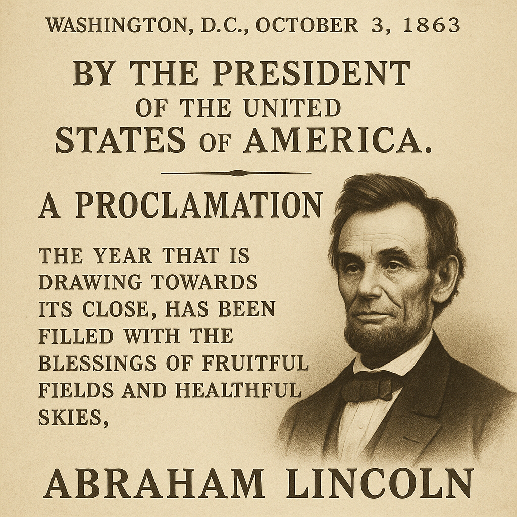 Abraham Lincoln October 3rd 1863 A proclamation, The year that is drawing towards its close, has been filled with blessings of Fruitful fields and haealthyful skies.