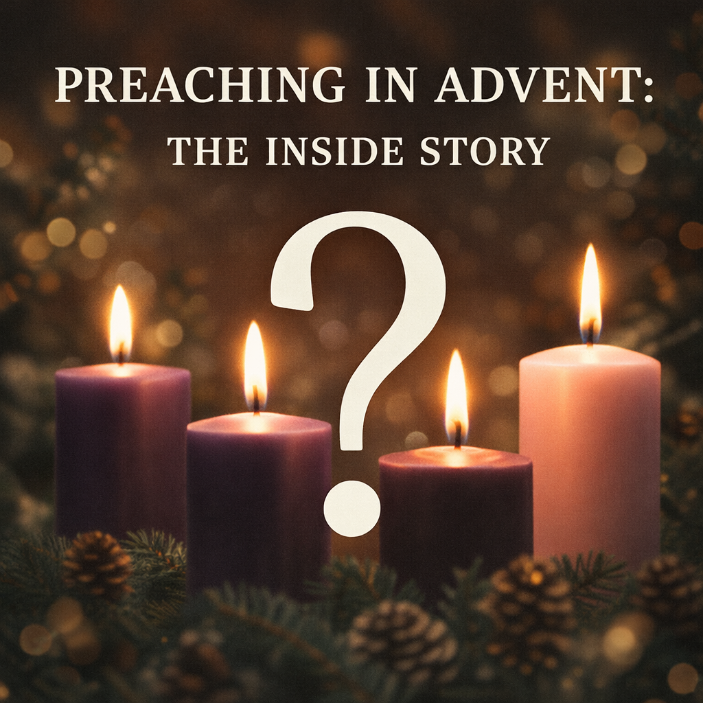 Preaching in advent the inside story question mark with 4 lit candles and blurred christmass theem
