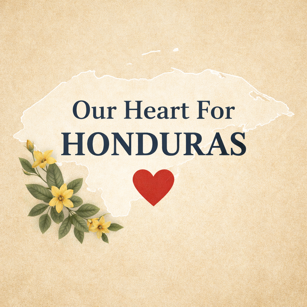 our heart for honduras with a heart in the center and a faded map of honduras in the background and yellow flowers to the left of the image.
