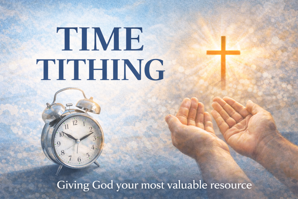 Time tithing with a clock, pair of hands held out to accept a cross with a cloud background