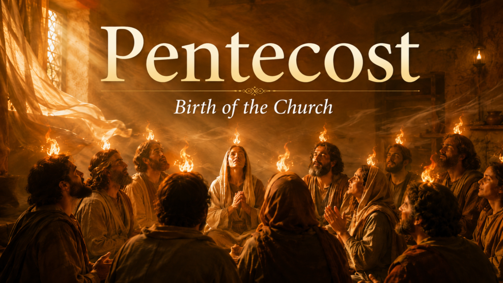 Early followers of Jesus gathered in prayer as tongues of fire rest above them, symbolizing the Holy Spirit coming at Pentecost.