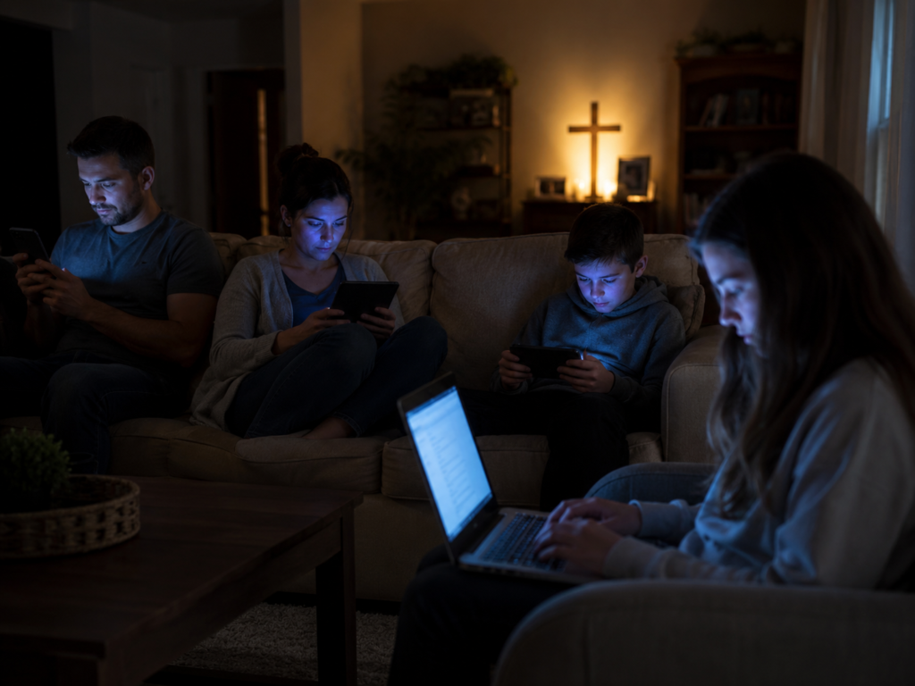 4 family members in a dark living room with their faces being lit by blue light from their devices and a cross in the background with a warming yellow glow