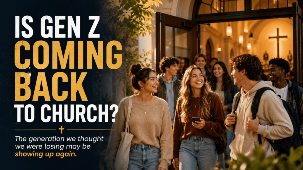 Young adults walking into a warmly lit church with bold text asking, “Is Gen Z Coming Back to Church?”