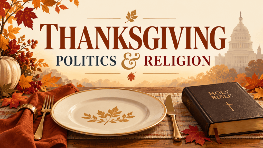 Thanksgiving table setting with a Bible, autumn leaves, and the words “Thanksgiving, Politics & Religion,” with the U.S. Capitol in the background.