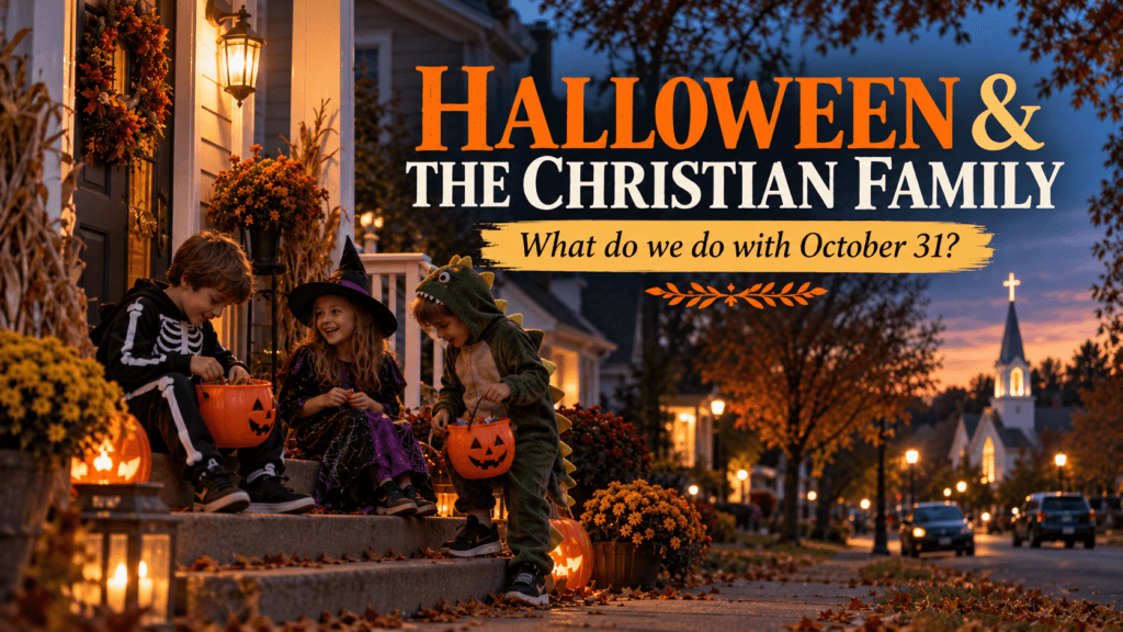 3 children on the porch sorting through holloween candy in costume